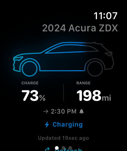 Zeet on Apple Watch showing a 2024 Acura ZDX at 73% charge with 198 miles of range, charging until 2:30 PM